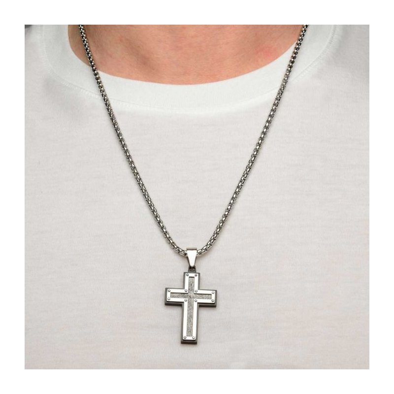 INOX Jewelry Textured Black IP Cross Pendant with Chain