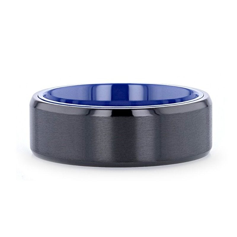 Thorsten CASTOR Beveled Edges Black Titanium Ring with Brushed Center and Vibrant Blue Inside - 8mm