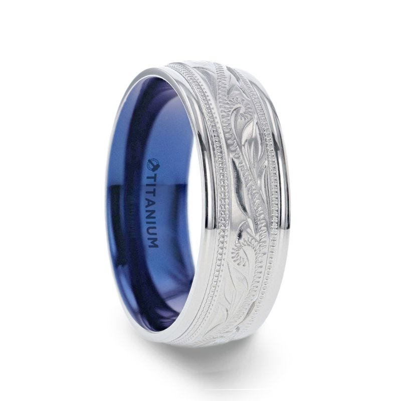 Thorsten MARINER Titanium Milgrain Engraved Finish Men's Wedding Ring with Blue Plating Inside- 8mm Thorsten MARINER Titanium Milgrain Engraved Finish Men's Wedding Ring with Blue Plating Inside- 8mm