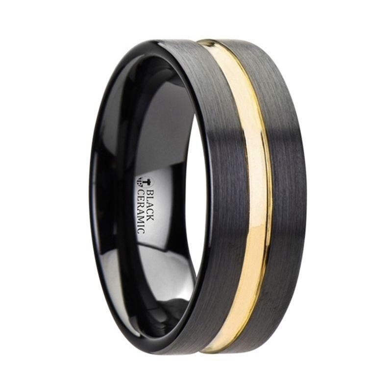 Thorsten VIVALDI Black Ceramic Wedding Band With Yellow Gold Groove - 4mm 6mm or 8mm Thorsten VIVALDI Black Ceramic Wedding Band With Yellow Gold Groove - 4mm 6mm or 8mm