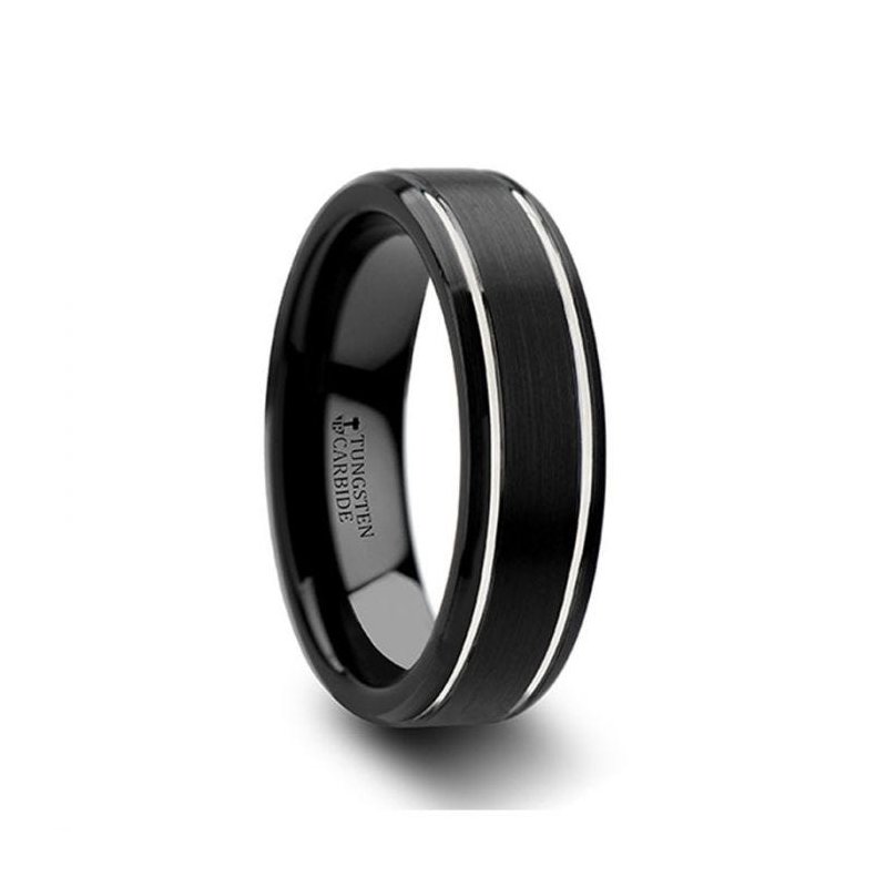 Thorsten NOCTURNE Black Beveled Tungsten Carbide Band with Polished Grooves and Brushed Finish - 6mm or 8mm Thorsten NOCTURNE Black Beveled Tungsten Carbide Band with Polished Grooves and Brushed Finish - 6mm or 8mm