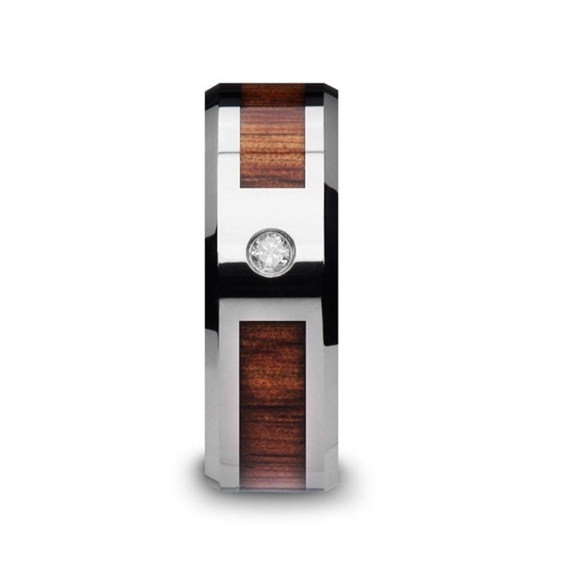 Thorsten KAHUNA Tungsten Carbide Beveled Edged Diamond Wedding Band with Koa Wood Inlay & Polished Edges - 8mm Thorsten KAHUNA Tungsten Carbide Beveled Edged Diamond Wedding Band with Koa Wood Inlay & Polished Edges - 8mm