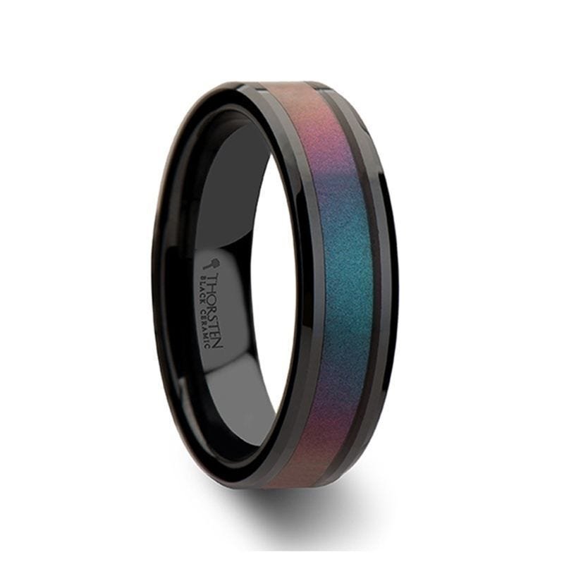 Thorsten BARRACUDA Black Ceramic Ring with Bevels and Blue-Purple Color Changing Inlay - 6mm - 10mm Thorsten BARRACUDA Black Ceramic Ring with Bevels and Blue-Purple Color Changing Inlay - 6mm - 10mm