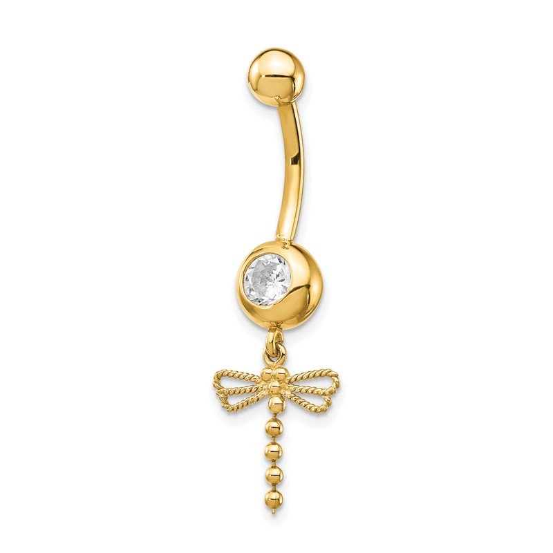 14k Gold 14 Gauge CZ Dragonfly Dangle Belly Ring 14k Gold 14 Gauge CZ Dragonfly Dangle Belly Ring