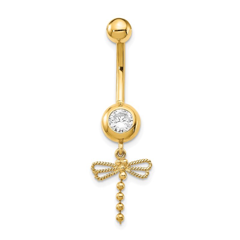 14k Gold 14 Gauge CZ Dragonfly Dangle Belly Ring 14k Gold 14 Gauge CZ Dragonfly Dangle Belly Ring