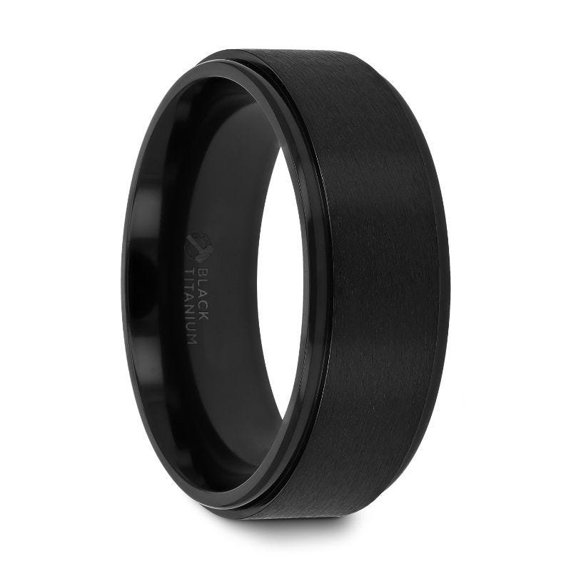 Thorsten BABYLON Flat Black Titanium Ring with Brushed Raised Center & Polished Edges - 8mm Thorsten BABYLON Flat Black Titanium Ring with Brushed Raised Center & Polished Edges - 8mm