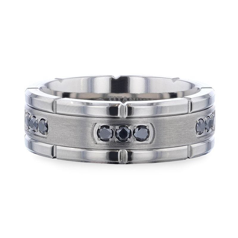 Thorsten COURAGEOUS Brushed Center Titanium Men's Wedding Band With Double Grooved Polished Edges And Black Diamond Settings - 8mm Thorsten COURAGEOUS Brushed Center Titanium Men's Wedding Band With Double Grooved Polished Edges And Black Diamond Settings - 8mm