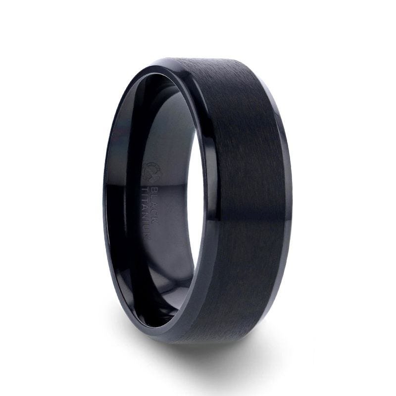 Thorsten ELYSIAN Black Titanium Ring with Polished Beveled Edges and Brush Finished Center - 8mm Thorsten ELYSIAN Black Titanium Ring with Polished Beveled Edges and Brush Finished Center - 8mm