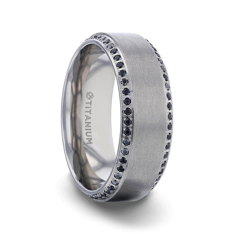 Thorsten CHAMPION Flat Brushed Center Titanium Men's Wedding Band with Black Sapphire Polished Beveled Edges - 8mm Thorsten CHAMPION Flat Brushed Center Titanium Men's Wedding Band with Black Sapphire Polished Beveled Edges - 8mm