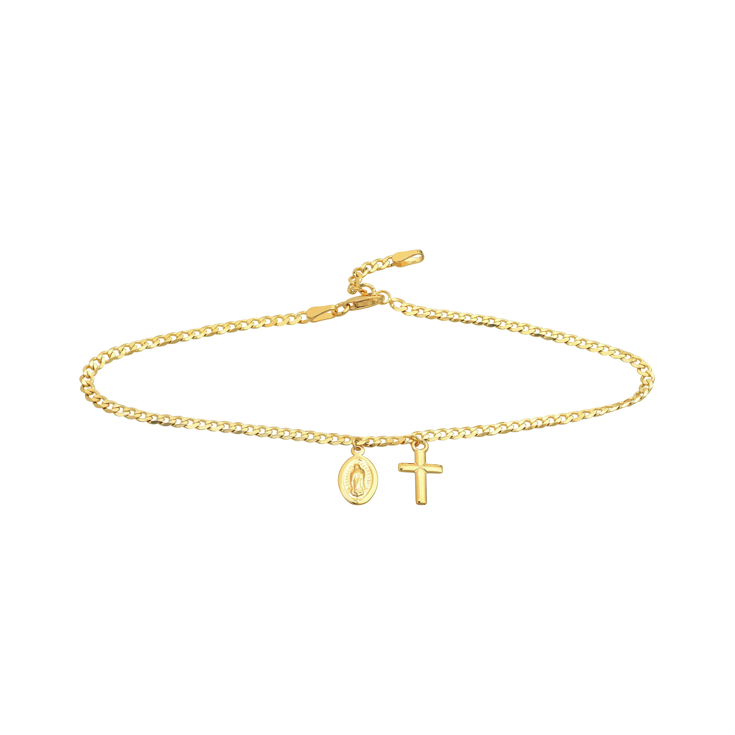 Midas Chain Cross/Mary Dangles on Open Curb Chain Anklet MF035382