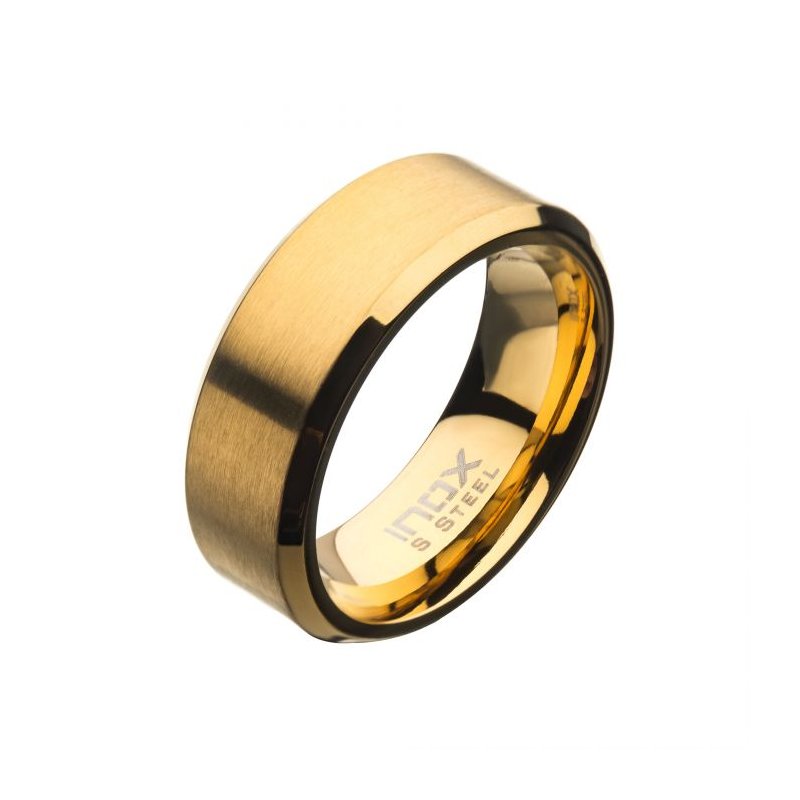 INOX Jewelry 8mm Matte Finish 18Kt Gold IP Steel Beveled Comfort