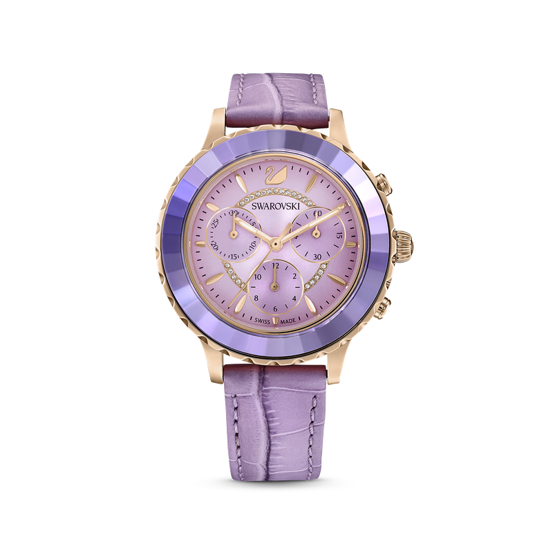 Octea Lux Chrono watch, Swiss Made, Leather strap, Purple, Rose gold-tone  finish