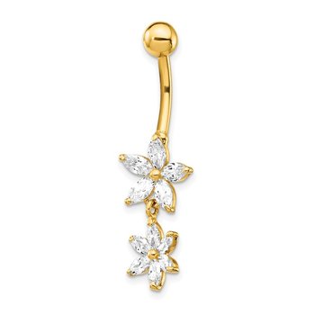 14k Gold 14 Gauge CZ 2-Flower Dangle Belly Ring 14k Gold 14 Gauge CZ 2-Flower Dangle Belly Ring