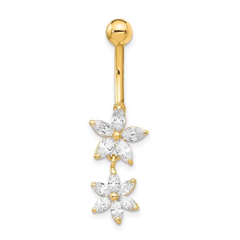 14k Gold 14 Gauge CZ 2-Flower Dangle Belly Ring 14k Gold 14 Gauge CZ 2-Flower Dangle Belly Ring
