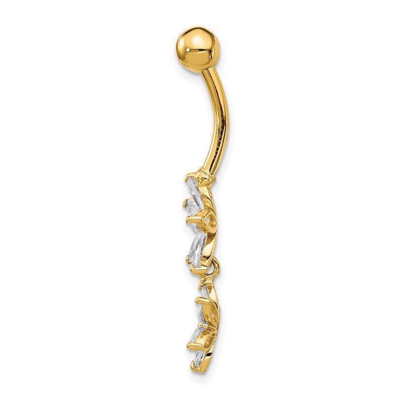 14k Gold 14 Gauge CZ 2-Flower Dangle Belly Ring 14k Gold 14 Gauge CZ 2-Flower Dangle Belly Ring