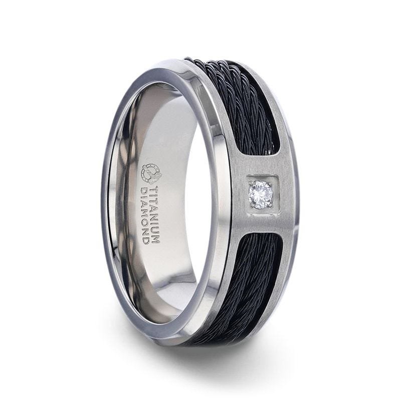 Thorsten SECTOR Black Rope Cables Inlaid Brushed Finish Titanium Men's Wedding Ring with Diamond Centered And Beveled Polished Edges - 8mm Thorsten SECTOR Black Rope Cables Inlaid Brushed Finish Titanium Men's Wedding Ring with Diamond Centered And Beveled Polished Edges - 8mm