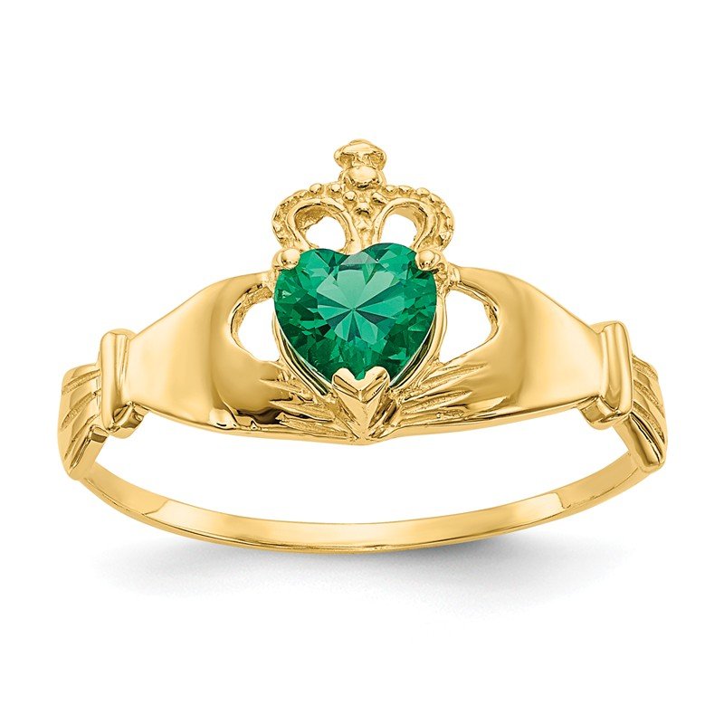 14k Yellow Gold Green Heart Polished Claddagh Ring
