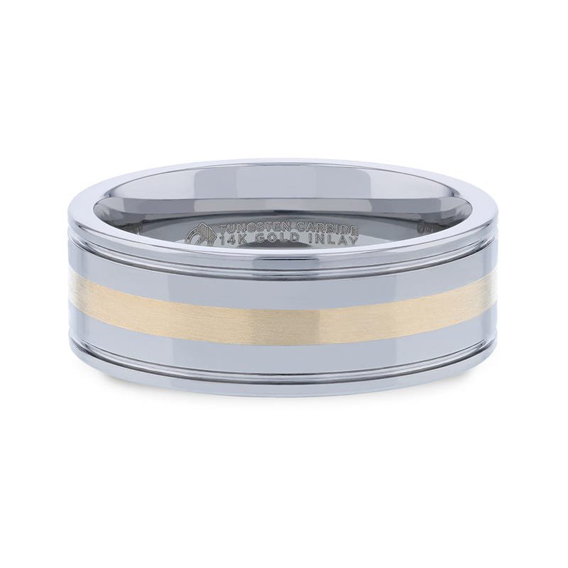 Thorsten LAZIO 14k Gold Inlay with Grooved Edges Tungsten Polished Wedding 8mm Band Thorsten LAZIO 14k Gold Inlay with Grooved Edges Tungsten Polished Wedding 8mm Band
