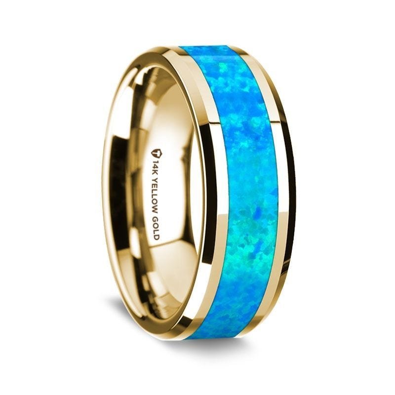 Thorsten 14k White Gold Polished Beveled Edges Wedding Ring with Blue Opal Inlay - 8 mm Thorsten 14k White Gold Polished Beveled Edges Wedding Ring with Blue Opal Inlay - 8 mm
