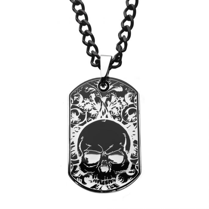 INOX Jewelry Stainless Steel Black IP with Skull Design Dog Tag