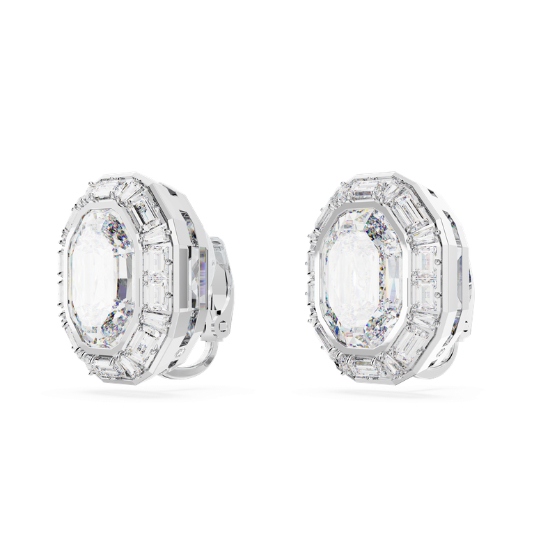 Swarovski Mesmera clip earrings, Octagon cut, White, Rhodium