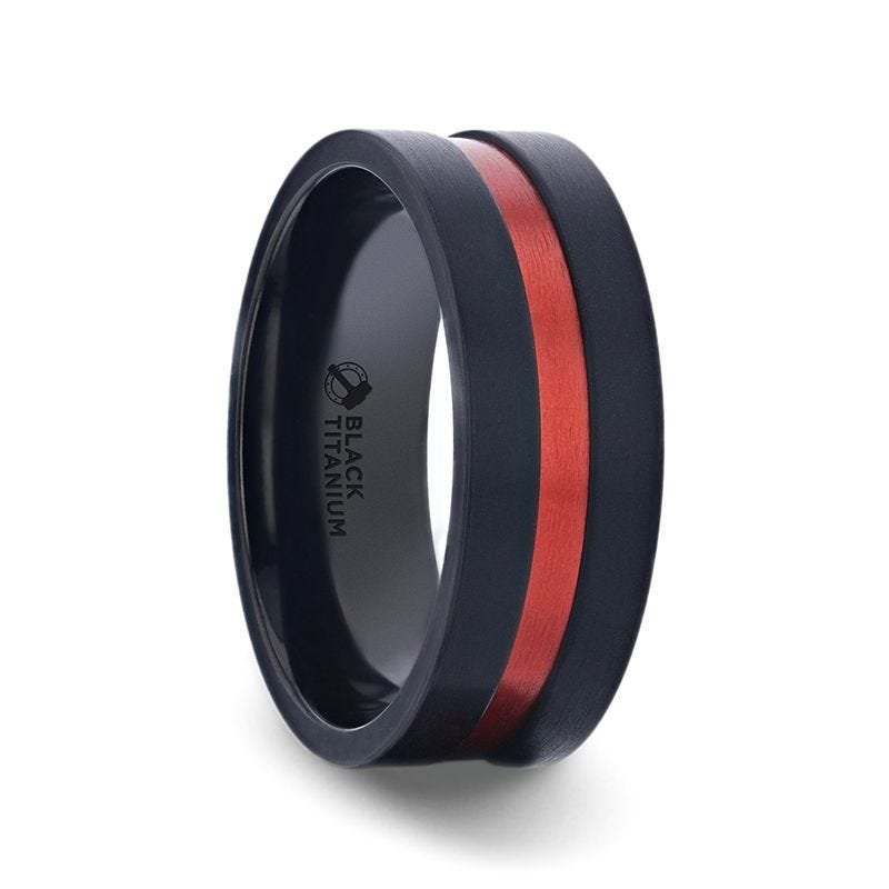 Thorsten BLAZE Flat Brushed Black Titanium Men's Wedding Band With Red Aluminum Groove Brushed Center - 8mm Thorsten BLAZE Flat Brushed Black Titanium Men's Wedding Band With Red Aluminum Groove Brushed Center - 8mm