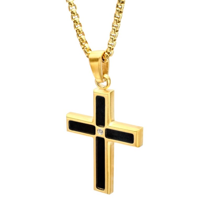 INOX Jewelry 18Kt Gold IP Matte Finish Steel Black Onyx Stone