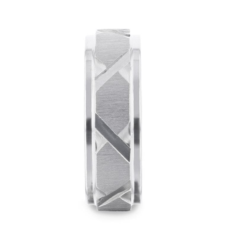 Thorsten VIRAGE Raised Horizontal Etch and Diagonal Shaped Cuts Centered Titanium Men's Wedding Ring With Polished Step Edges - 8mm Thorsten VIRAGE Raised Horizontal Etch and Diagonal Shaped Cuts Centered Titanium Men's Wedding Ring With Polished Step Edges - 8mm