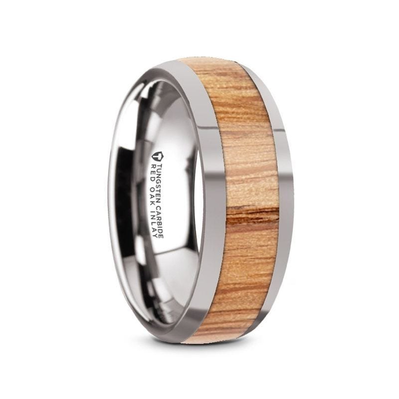 Thorsten CINDER Domed Tungsten Men's Wedding Band with Red Oak Wood Inlay - 8mm Thorsten CINDER Domed Tungsten Men's Wedding Band with Red Oak Wood Inlay - 8mm