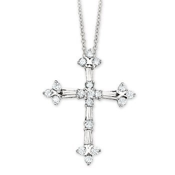 14k White Gold Gothic Style Diamond Cross Baguette  Rounds Hidden Bail Pendant 0.25 Ctw 5809