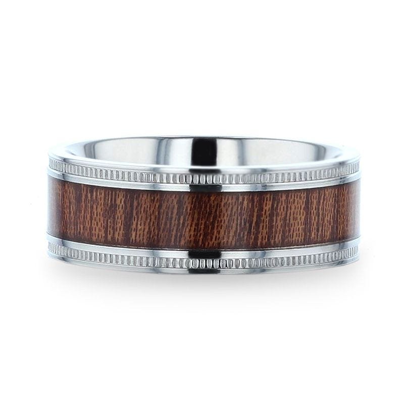 Thorsten MOCHA Koa Wood Inlaid Titanium Men's Wedding Ring With Polished Milgrain Edges - 8mm