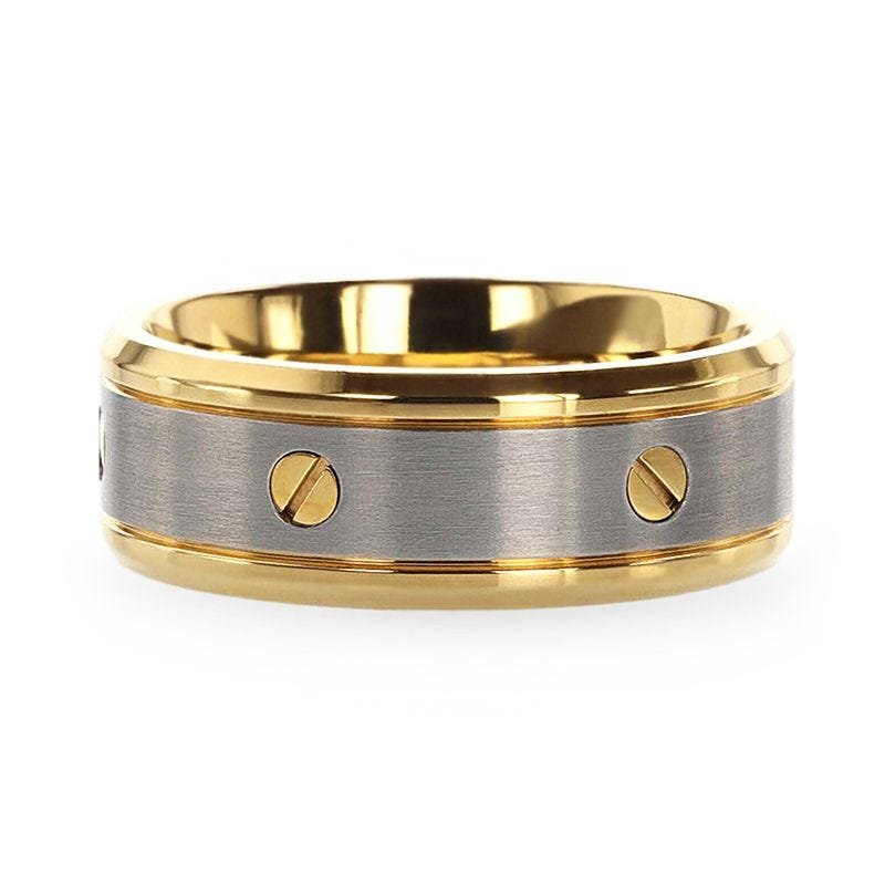 Thorsten BOUNDLESS Gold-Plated Titanium Flat Brushed Center With Rotating Screw Design And Beveled Polished Edges - 8mm Thorsten BOUNDLESS Gold-Plated Titanium Flat Brushed Center With Rotating Screw Design And Beveled Polished Edges - 8mm