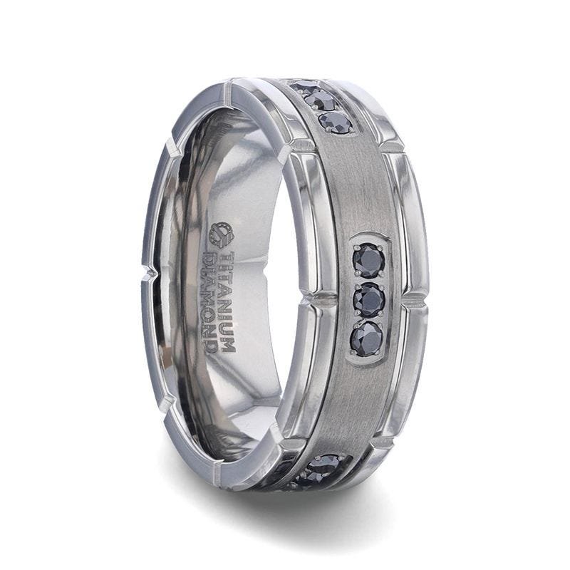 Thorsten COURAGEOUS Brushed Center Titanium Men's Wedding Band With Double Grooved Polished Edges And Black Diamond Settings - 8mm Thorsten COURAGEOUS Brushed Center Titanium Men's Wedding Band With Double Grooved Polished Edges And Black Diamond Settings - 8mm