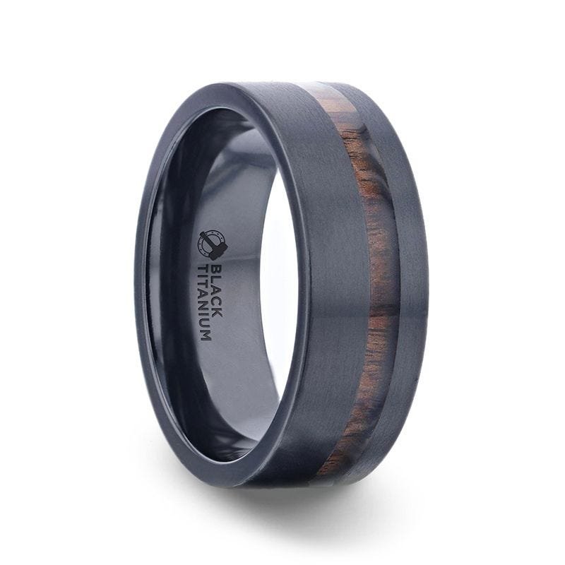 Thorsten DARING Off-Set Koa Wood Inlaid Black Titanium Men's Wedding Band With Flat Brushed Finish - 8mm Thorsten DARING Off-Set Koa Wood Inlaid Black Titanium Men's Wedding Band With Flat Brushed Finish - 8mm