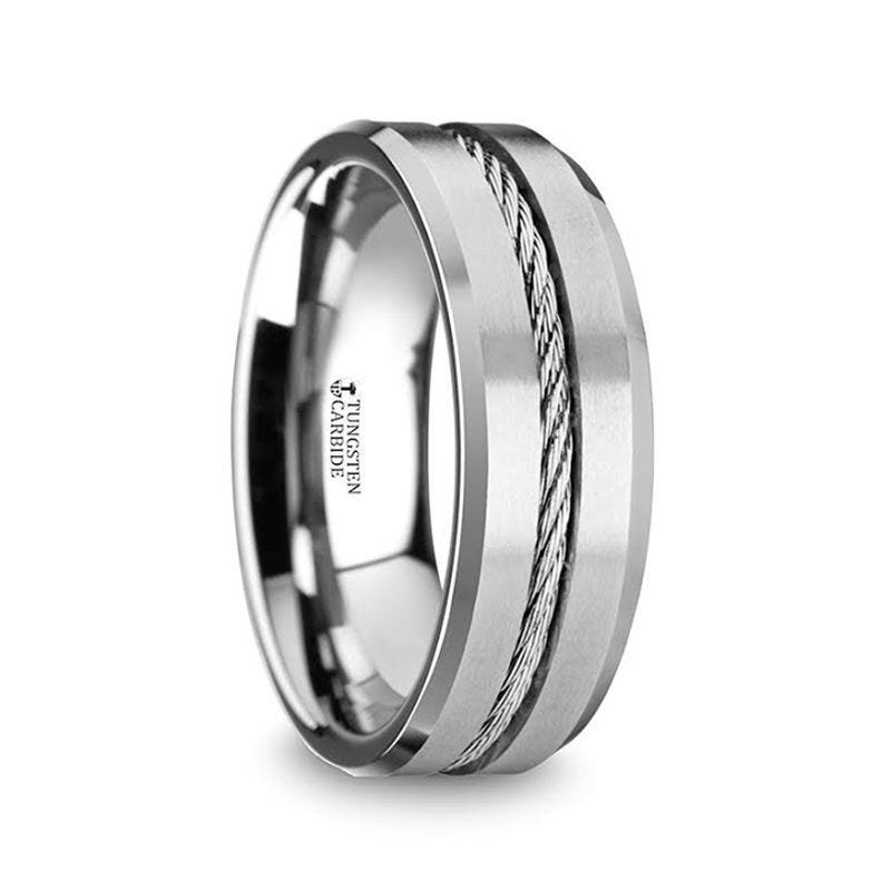 Thorsten LANNISTER Tungsten Flat Wedding Band with Steel Wire Cable Inlay & Beveled Edges - 8mm Thorsten LANNISTER Tungsten Flat Wedding Band with Steel Wire Cable Inlay & Beveled Edges - 8mm