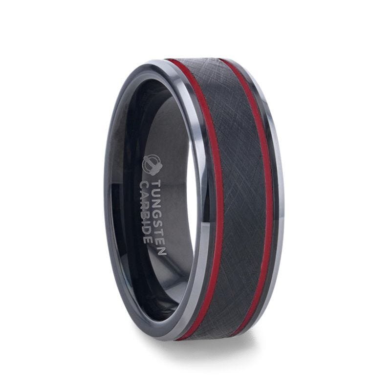 Thorsten OLIS Wire Finish Centered Black Tungsten Men's Wedding Band With Double Red Stripe Polished Beveled Edges Thorsten OLIS Wire Finish Centered Black Tungsten Men's Wedding Band With Double Red Stripe Polished Beveled Edges
