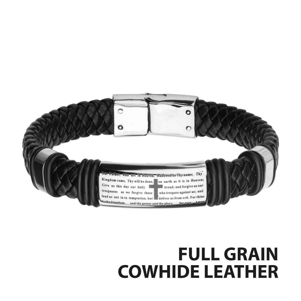 INOX Jewelry Black Braided Leather with Lord's Prayer ID Steel