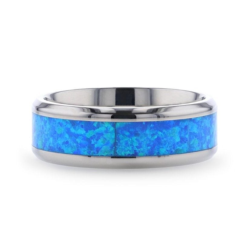 Thorsten GALAXY Titanium Polished Beveled Edge with Blue Green Opal Inlay Ring- 8 mm Thorsten GALAXY Titanium Polished Beveled Edge with Blue Green Opal Inlay Ring- 8 mm