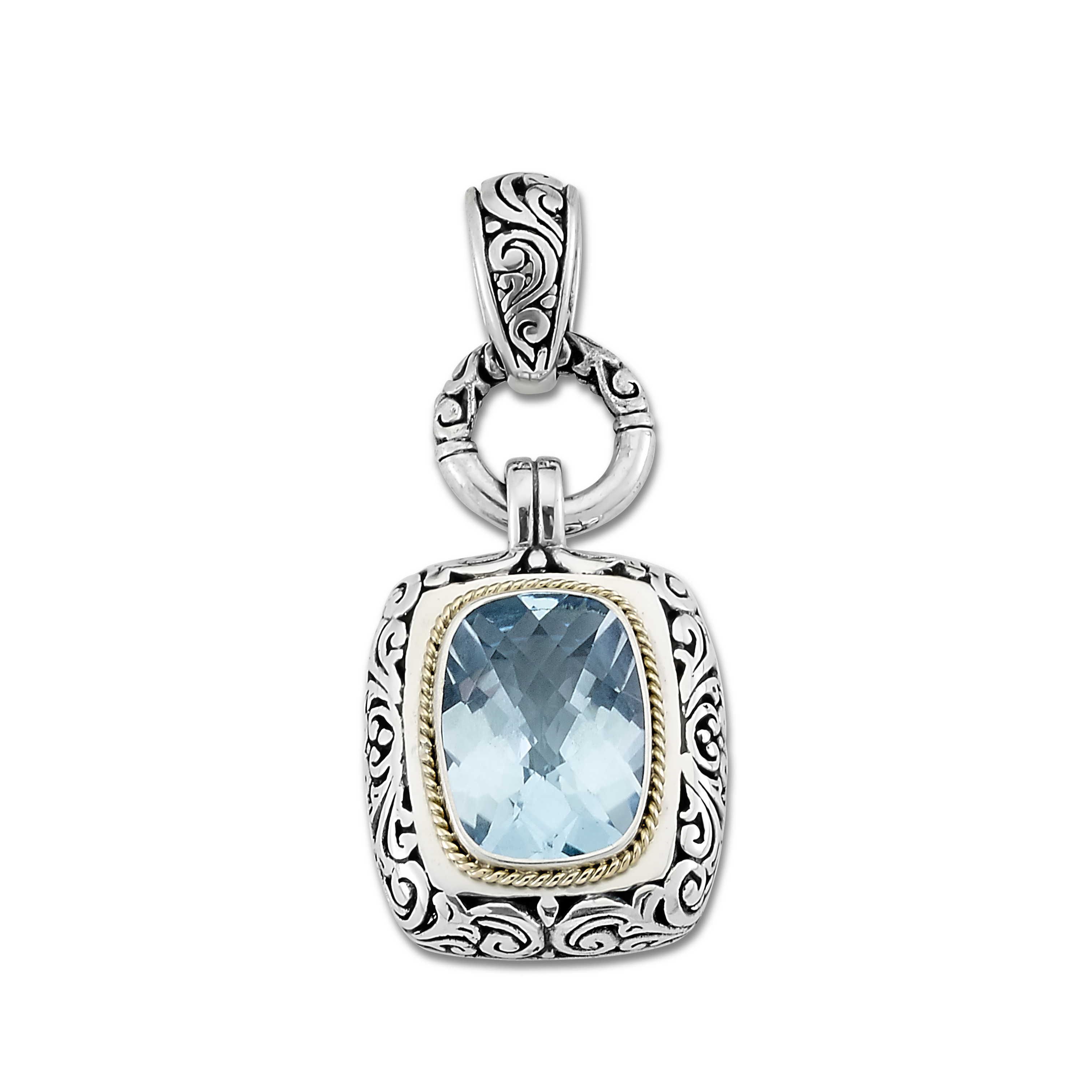 Samuel B STERLING SILVER/18K EMERALD SHAPE BLUE TOPAZ PENDANT
