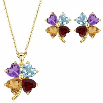 4-Leaf Clover Shamrock Multicolor Semi-Precious Earrings and Pendant 2-Piece Set G499-GS-18588-MULTI-SET