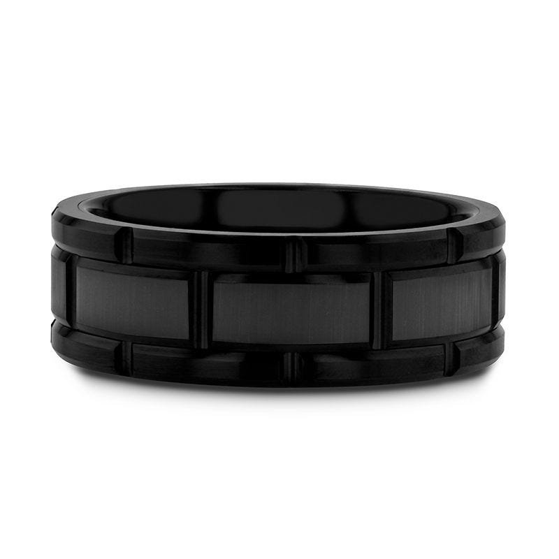 Thorsten WINDSOR Beveled Black Tungsten Carbide Wedding Band with Brush Finished Center and Alternating Grooves - 8mm or 10mm Thorsten WINDSOR Beveled Black Tungsten Carbide Wedding Band with Brush Finished Center and Alternating Grooves - 8mm or 10mm
