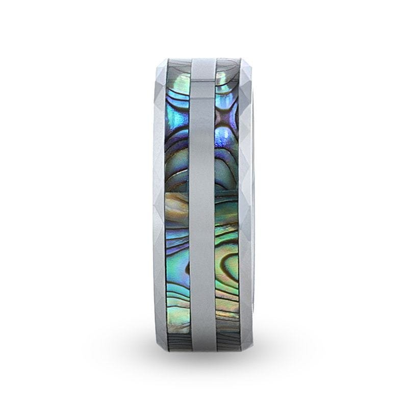 Thorsten PAUA Double Abalone Shell Inlay Faceted Tungsten Ring With Beveled Polished Edges - 8mm Thorsten PAUA Double Abalone Shell Inlay Faceted Tungsten Ring With Beveled Polished Edges - 8mm