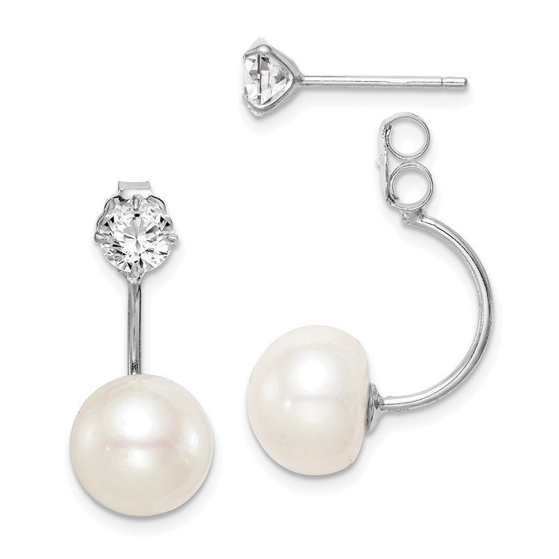 Sterling Silver Freshwater Pearl & CZ Front & Back Post Dangle Earrings Sterling Silver Freshwater Pearl & CZ Front & Back Post Dangle Earrings