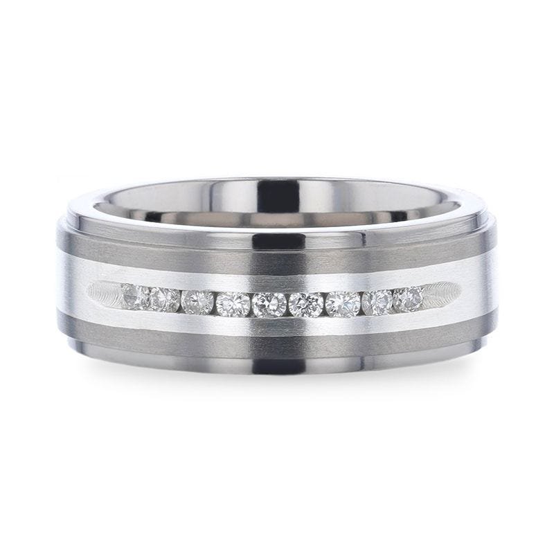 Thorsten BOND Flat Brushed Silver Inlaid Titanium Men's Wedding Band With 9 Channel Set White Diamonds - 8mm Thorsten BOND Flat Brushed Silver Inlaid Titanium Men's Wedding Band With 9 Channel Set White Diamonds - 8mm