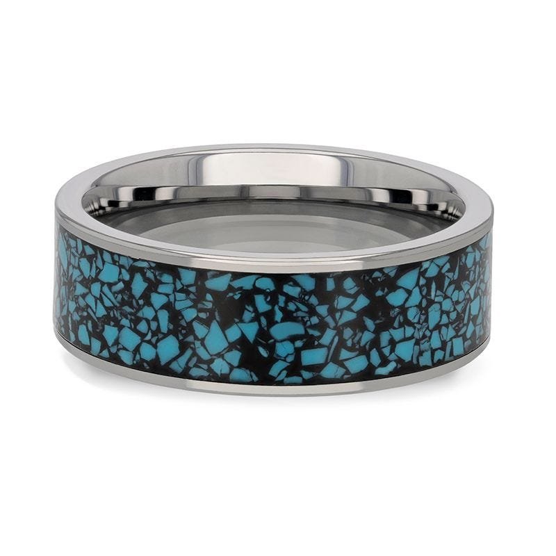 Thorsten TURKUAZ Crushed Turquoise Inlay Tungsten Men's Wedding Band With Flat Polished Edges - 8mm Thorsten TURKUAZ Crushed Turquoise Inlay Tungsten Men's Wedding Band With Flat Polished Edges - 8mm
