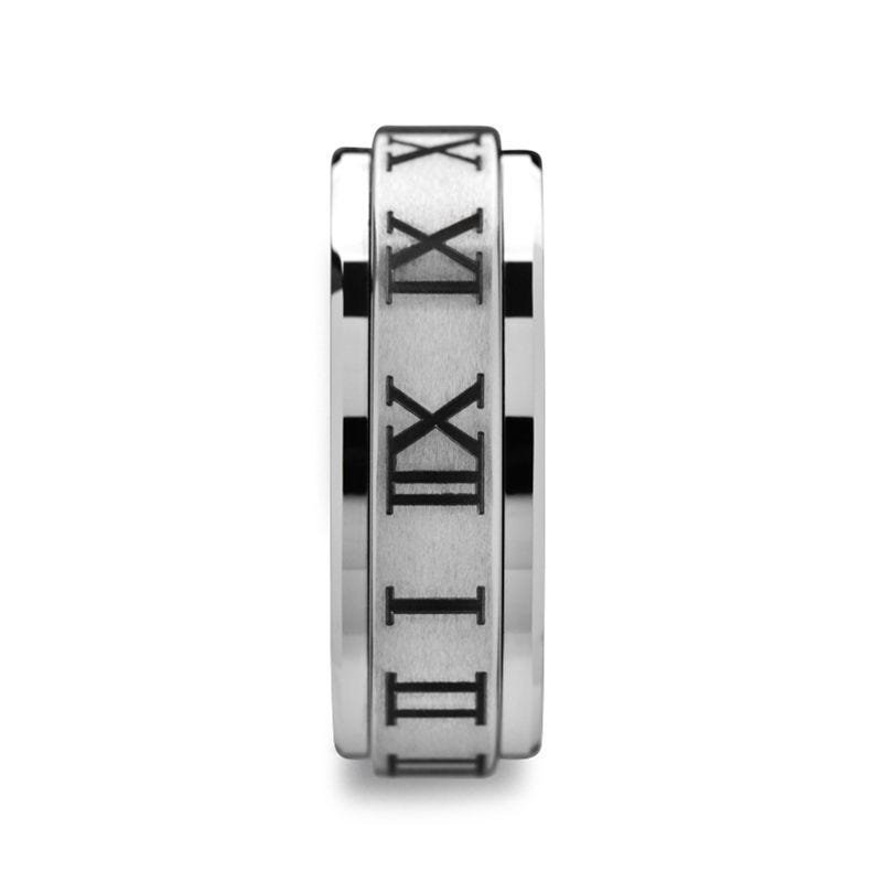 Thorsten IMPERIUS Roman Numeral Raised Center Brush Finish Tungsten Carbide Spinner Ring - 8mm