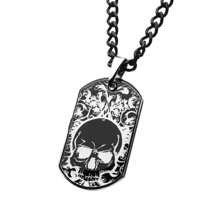 INOX Jewelry Stainless Steel Black IP with Skull Design Dog Tag