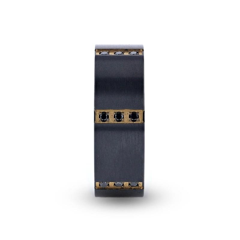 Thorsten MURAMASA Flat Brushed Black Titanium Ring Gold Plated Inside with 6 Gold Plated Stainless Steel Bezels Triple Black Diamond Setting Thorsten MURAMASA Flat Brushed Black Titanium Ring Gold Plated Inside with 6 Gold Plated Stainless Steel Bezels Triple Black Diamond Setting