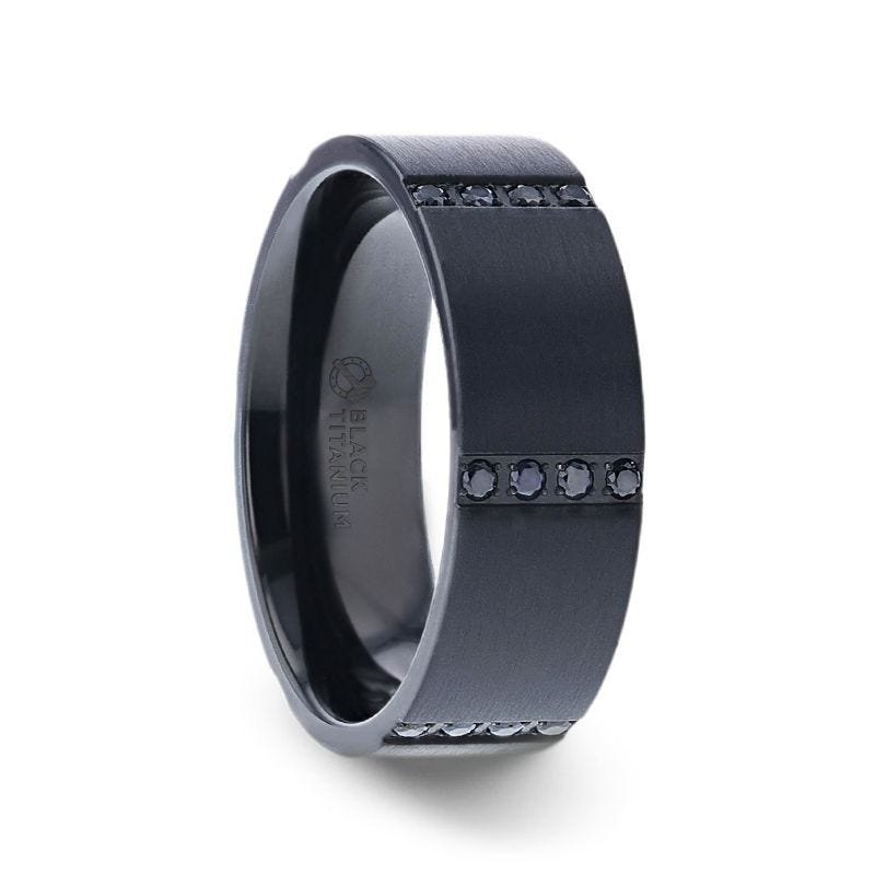 Thorsten MYSTERIOUS Flat Brushed Black Titanium Ring With 6 Sets of Quadruple Black Sapphires In Horizontal Channels Thorsten MYSTERIOUS Flat Brushed Black Titanium Ring With 6 Sets of Quadruple Black Sapphires In Horizontal Channels