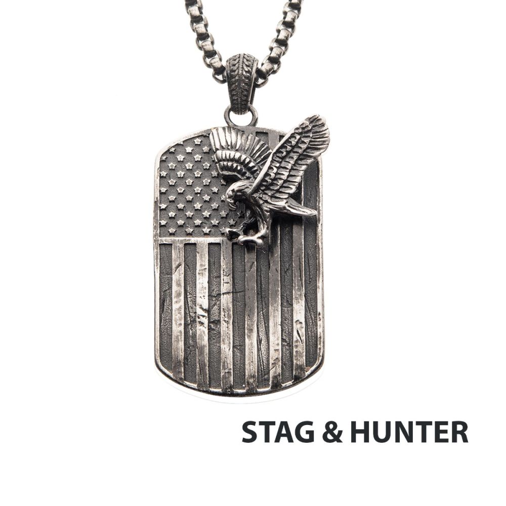 INOX Jewelry Gun Metal IP Rugged American Flag with Polished Steel
